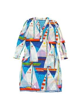 Vtg 70s Ken Scott Sailboat Ban-Lon Dress Luxury Nautical Coastal Italy S M 14